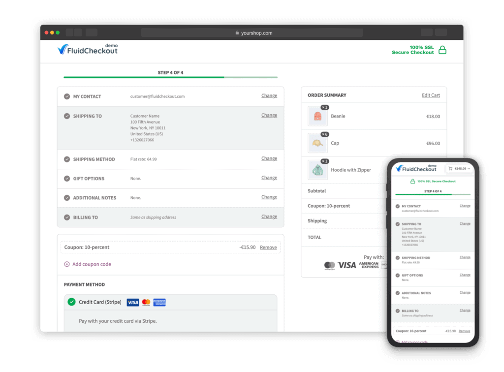 Screenshot showing the Fluid Checkout at the Payment step, with other steps in the order review section.