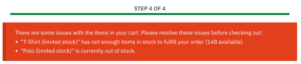 Screenshot of the error messages related to cart items as displayed on the checkout page.