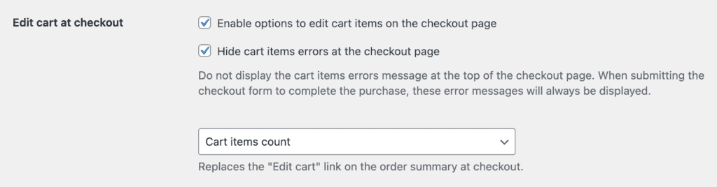 Screenshot of the options to enable edit cart on checkout page WooCommerce.