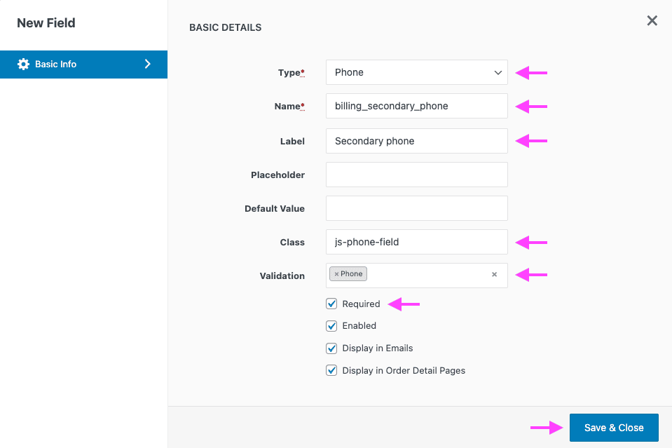Phone number field settings in a Checkout Field Editor plugin.