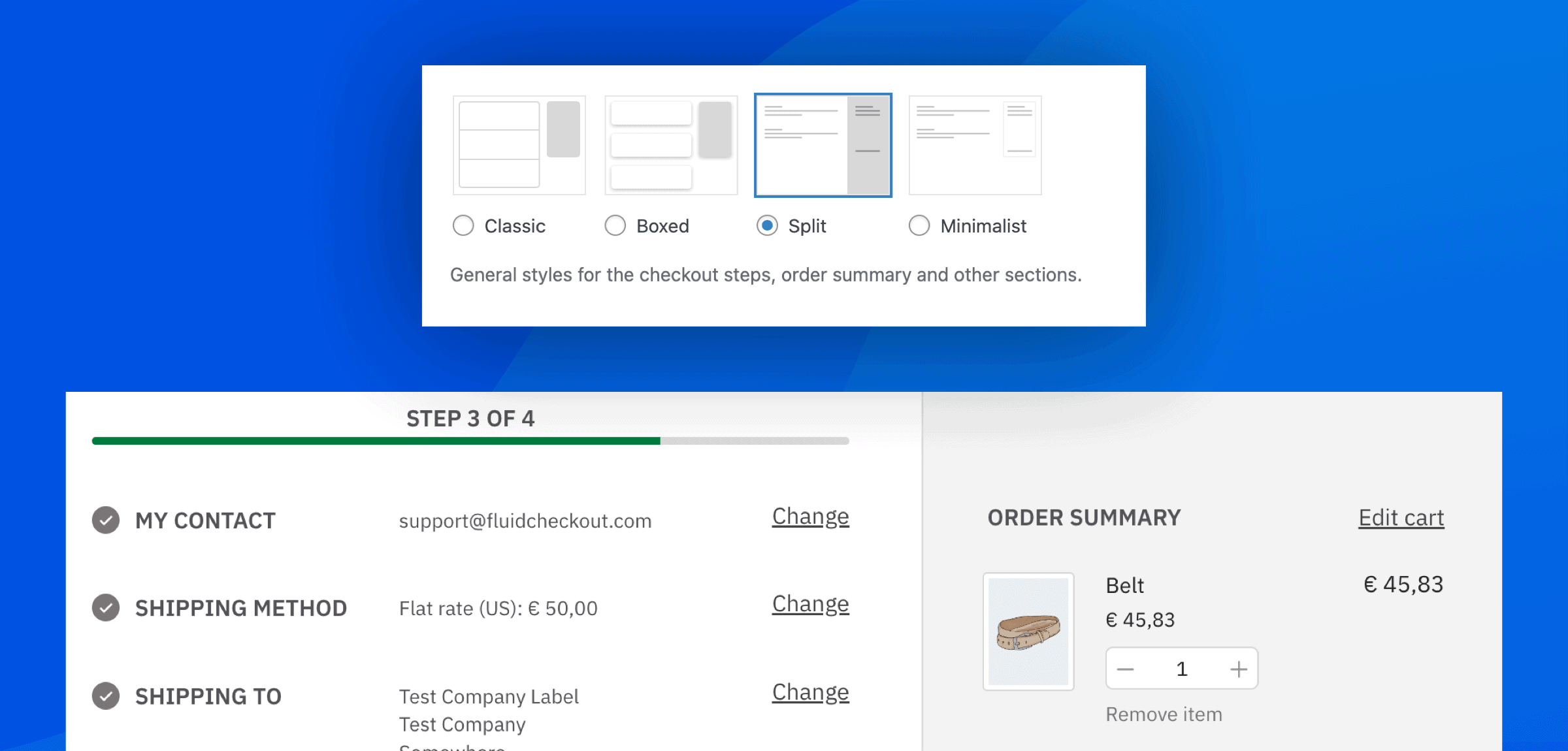 Design template options and partial screenshot of how it looks on the checkout page.