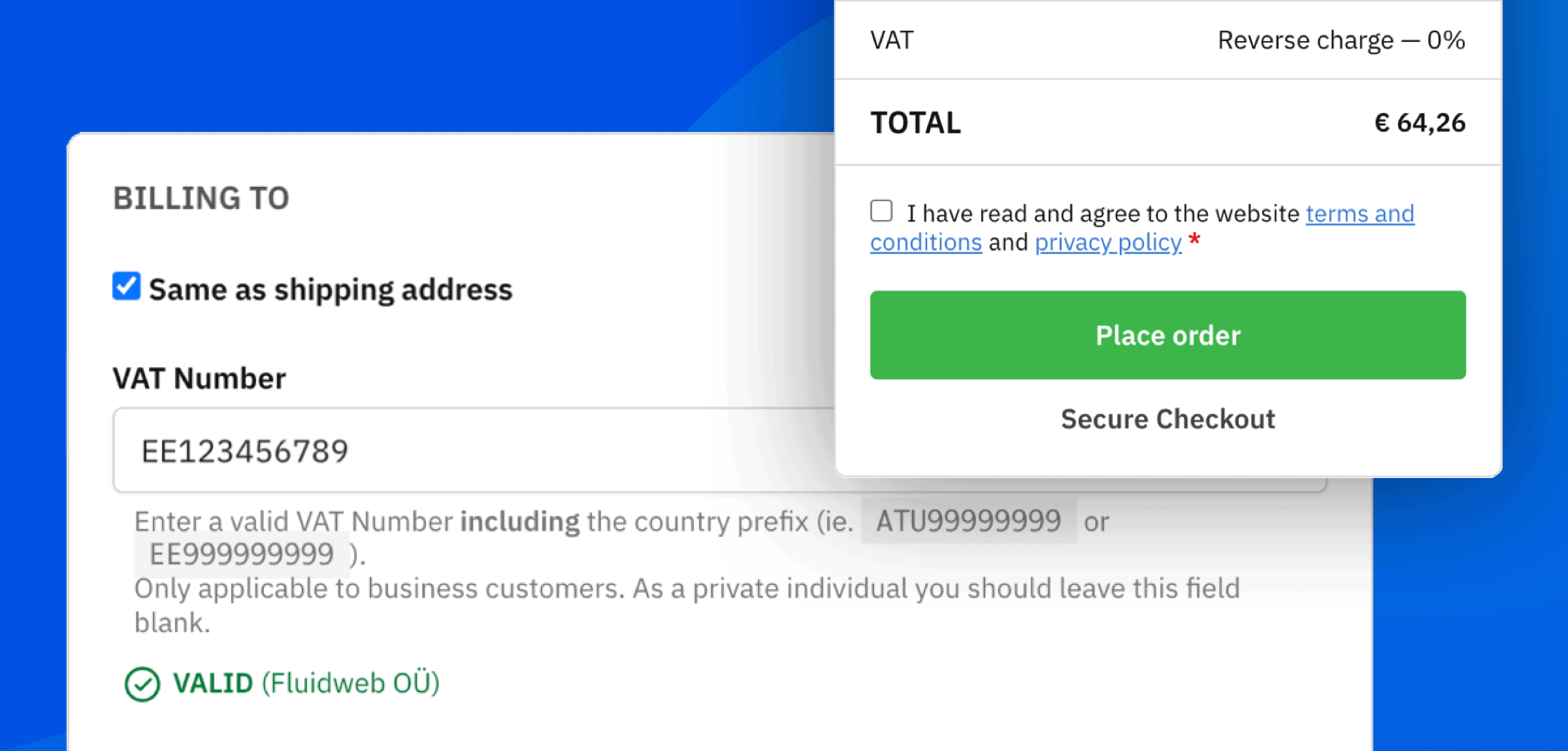 Screenshot of the billing step showing the VAT number field and the VAT validation results, also showing the order summary section with the taxes removed.
