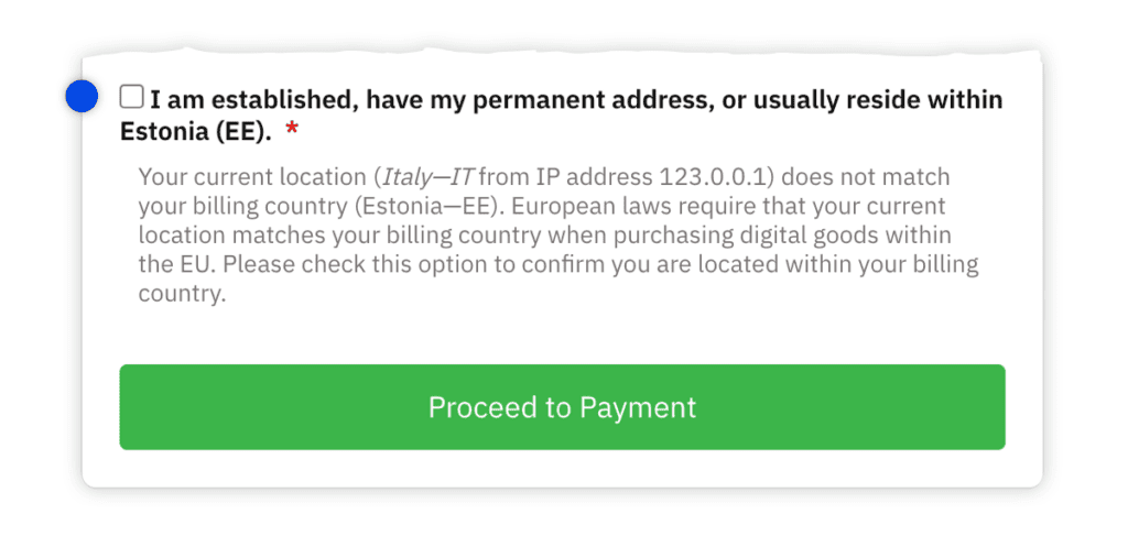Screenshot of the country confirmation checkbox on the checkout page when selling digital goods.