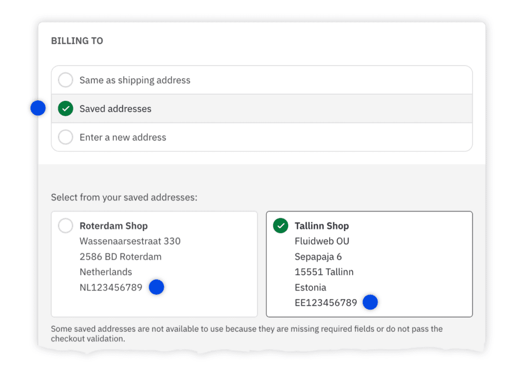 Screenshot of the saved addresses on the checkout page with different VAT numbers saved to them.