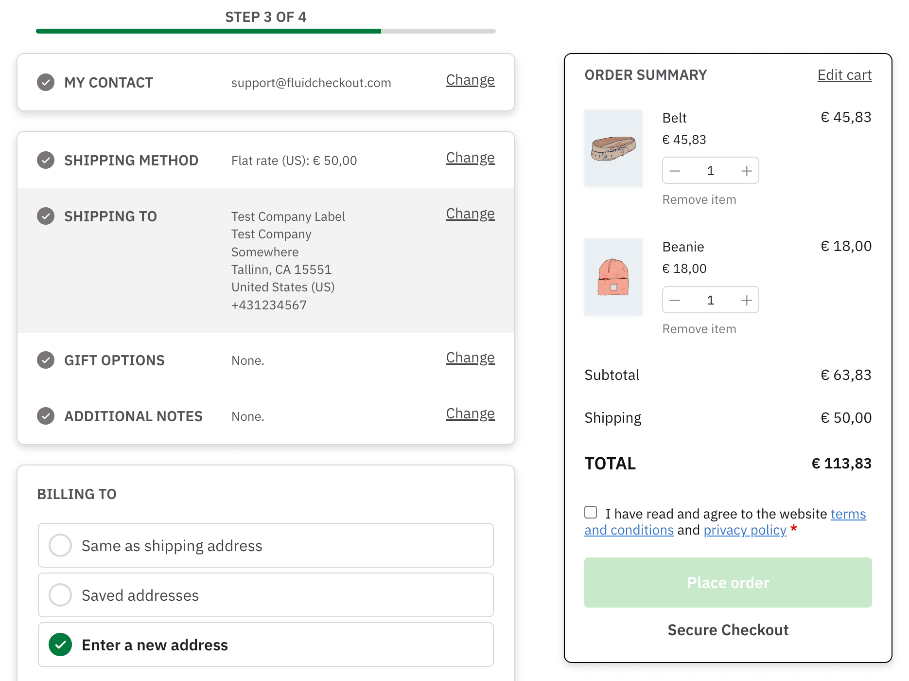 Screenshot of the checkout page showing the design template Boxed.