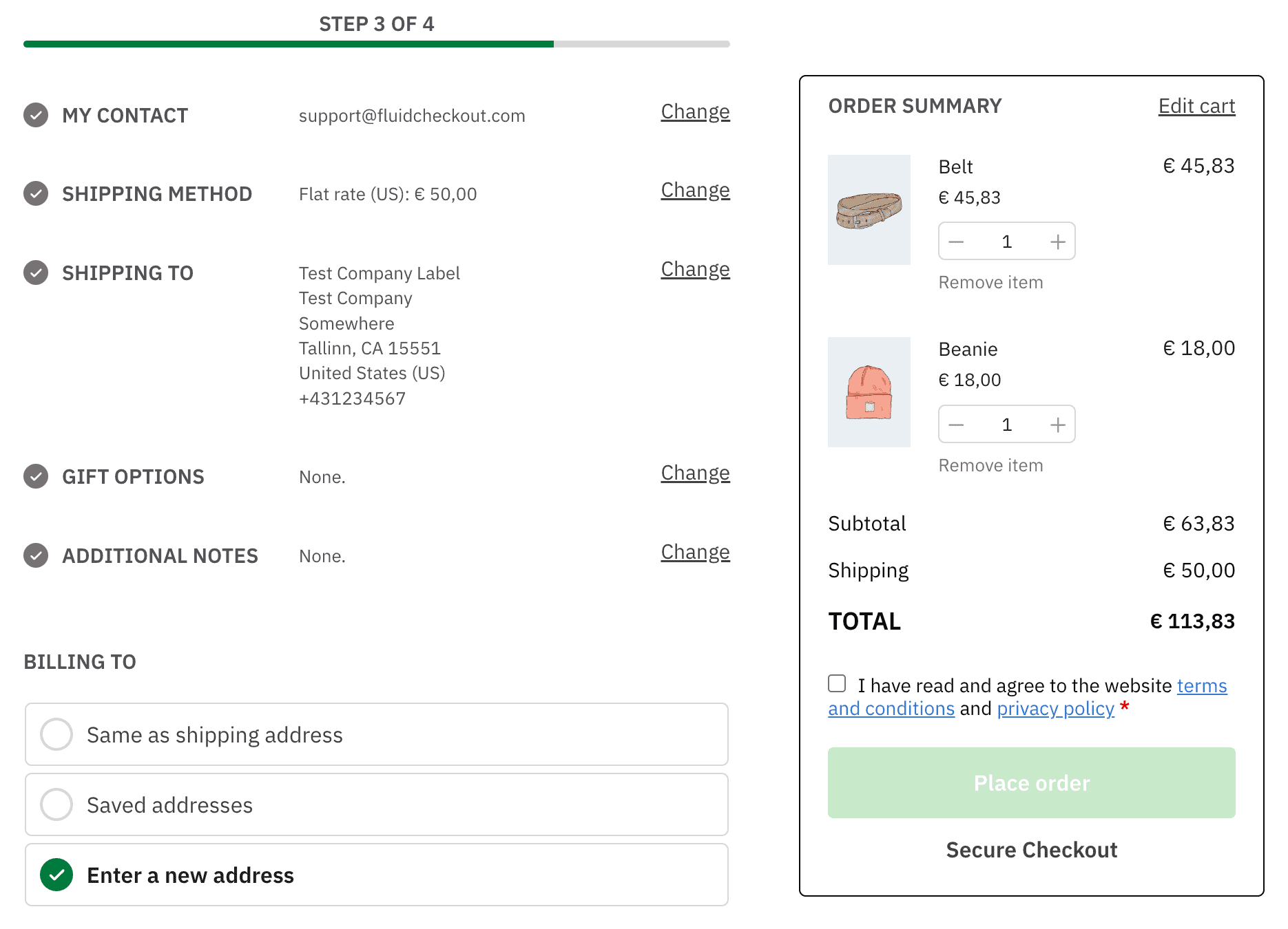 Screenshot of the checkout page showing the design template Minimalist.