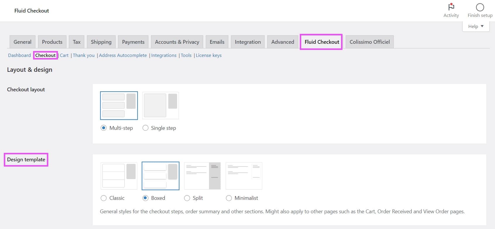 Screenshot of the design template options in the plugin settings.