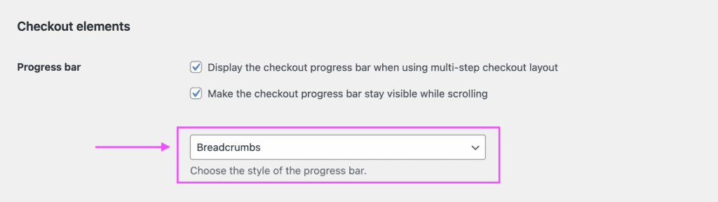 Screenshot of the Fluid Checkout plugin settings showing the options for the progress bar, with the progress bar style option highlighted.