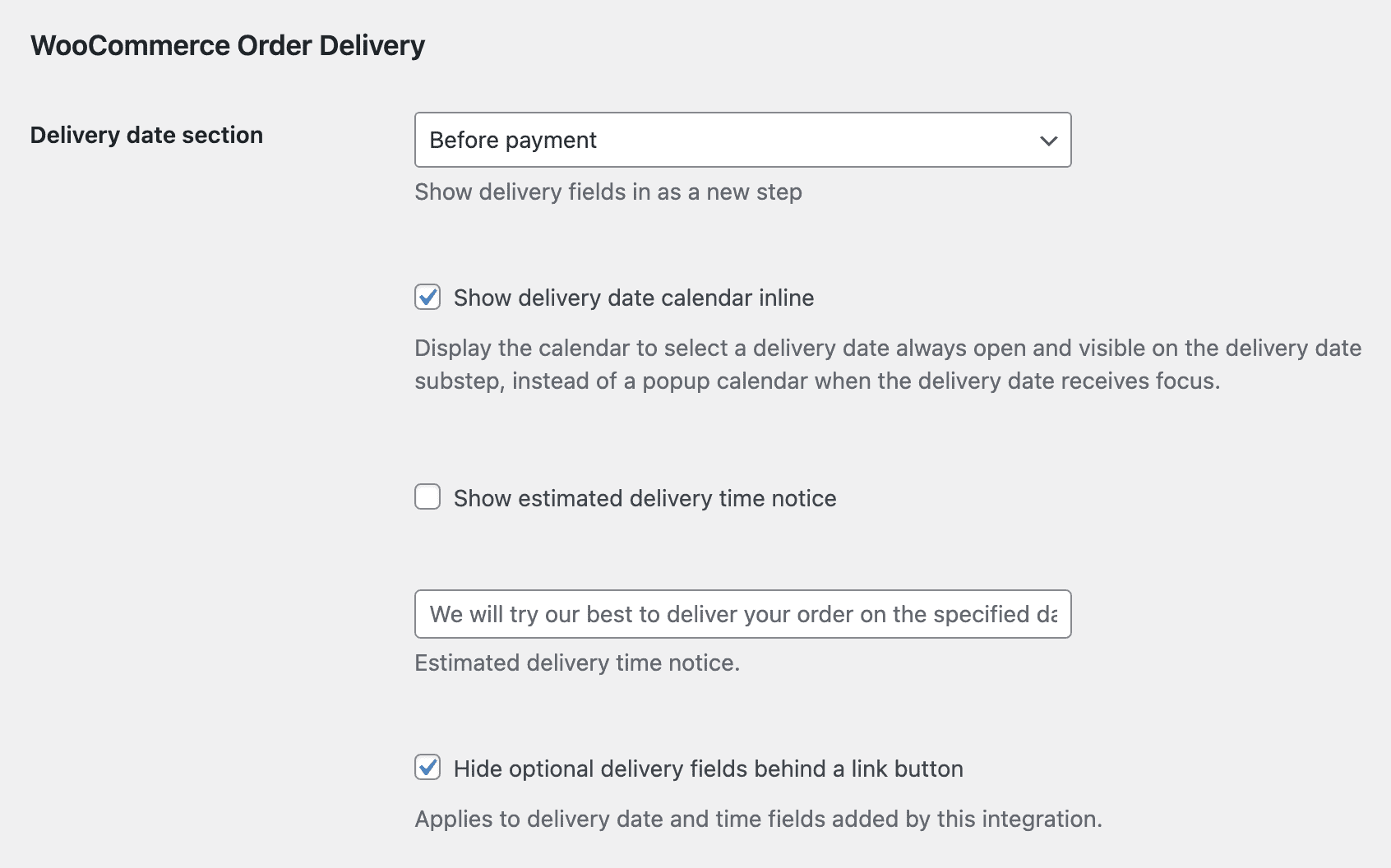 Screenshot showing the integration options for the plugin Order Delivery for WooCommerce by Kestrel.