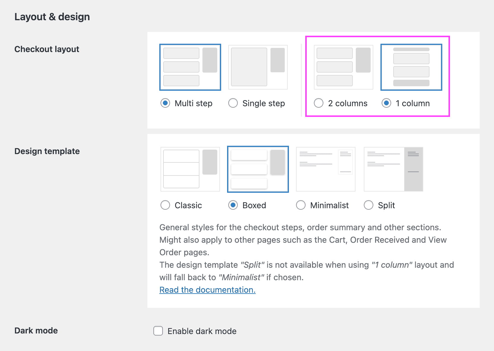 Screenshot of the checkout layout options, highlighting the column layout options.