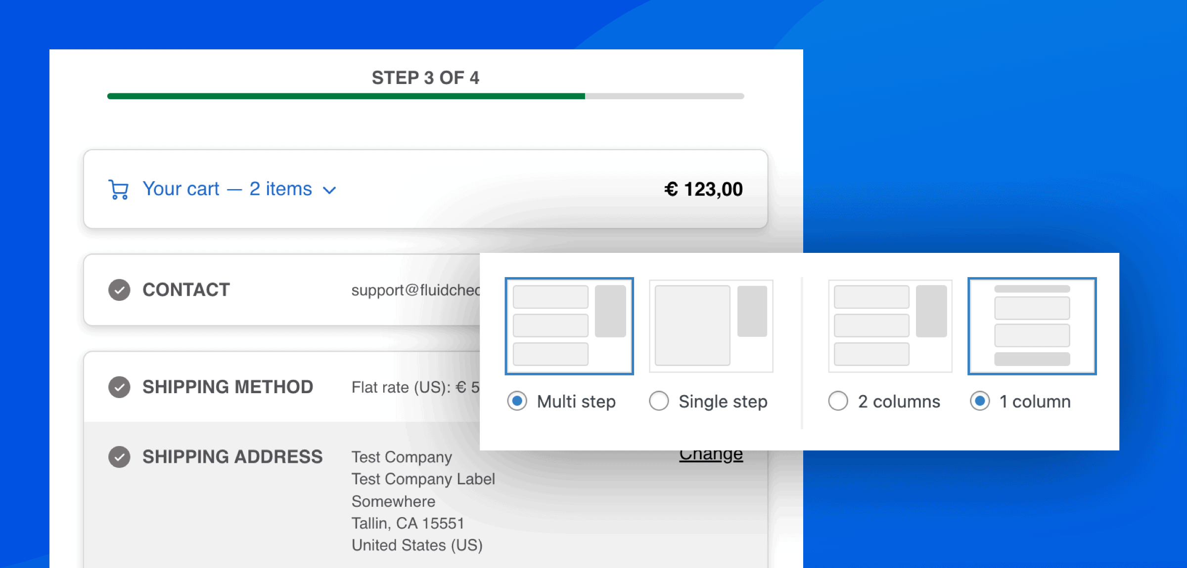 Checkout layout options and partial screenshot of how it looks on the checkout page.