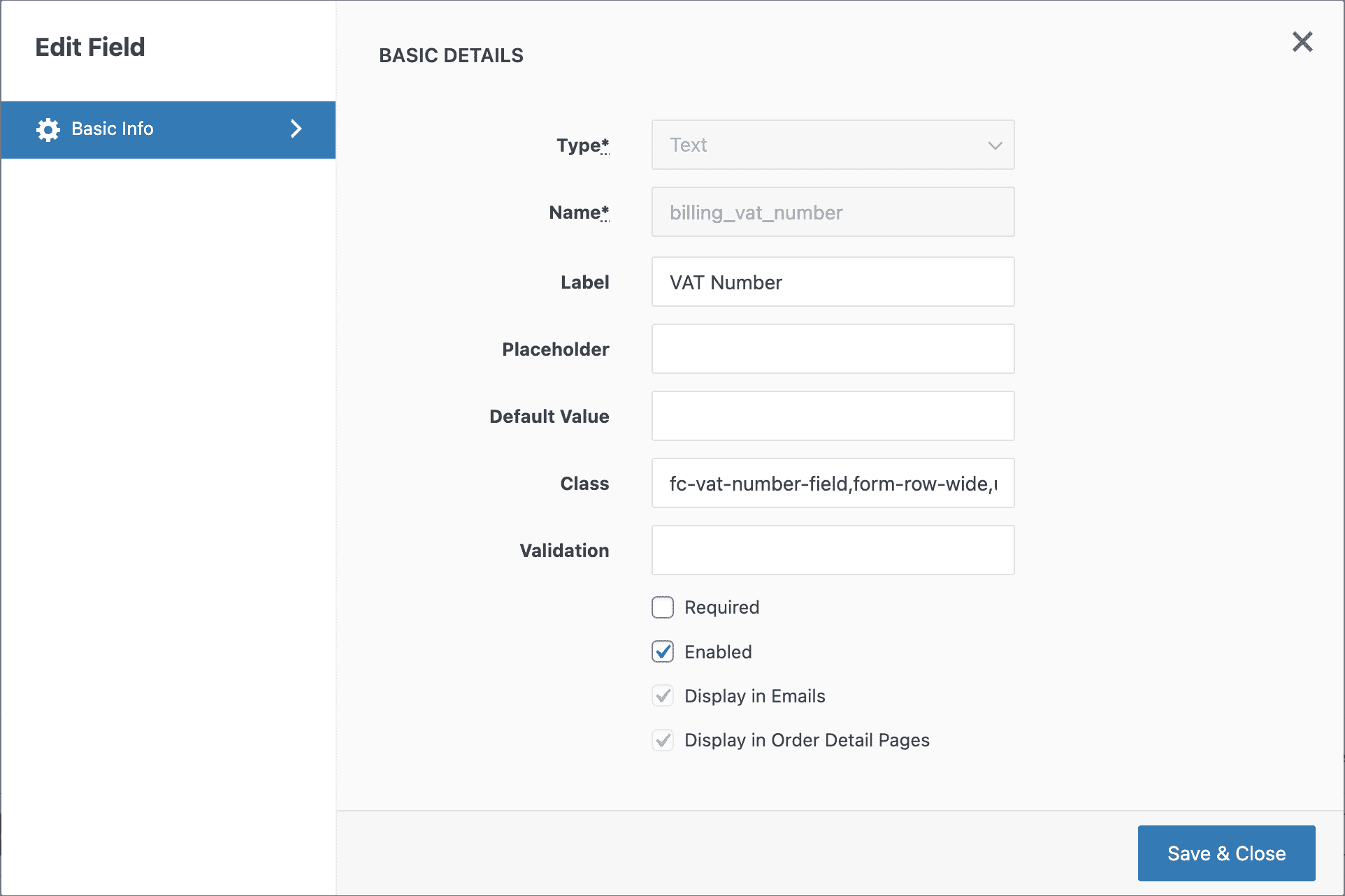 Screenshot of the VAT Number field settings for adding it manually to the checkout form.